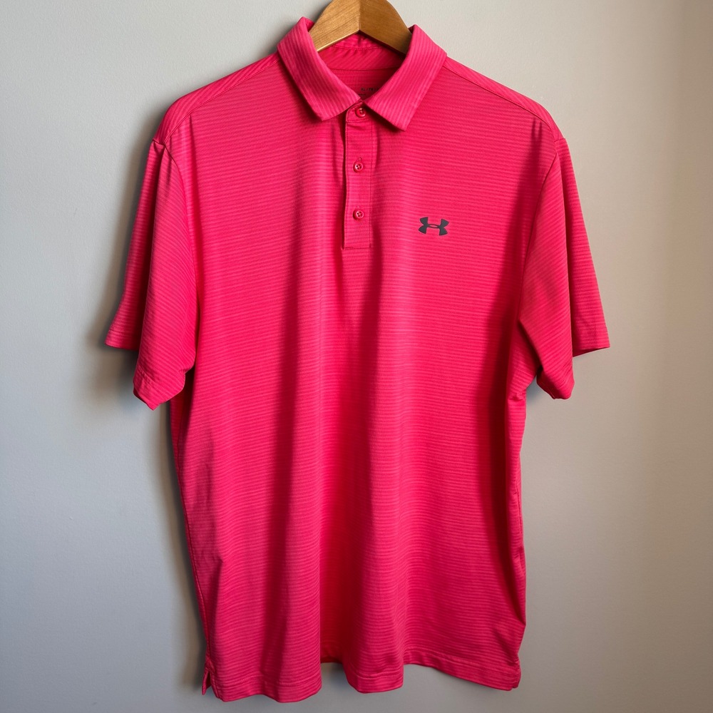 Under Armour Mens‎ XL HeatGear Loose Fit Short Sleeve Polo Shirt Pink Horizontal